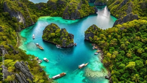 Aerial view of the iconic mangroves and turquoise lagoons in El Nido  Palawan Island with small boats around it.