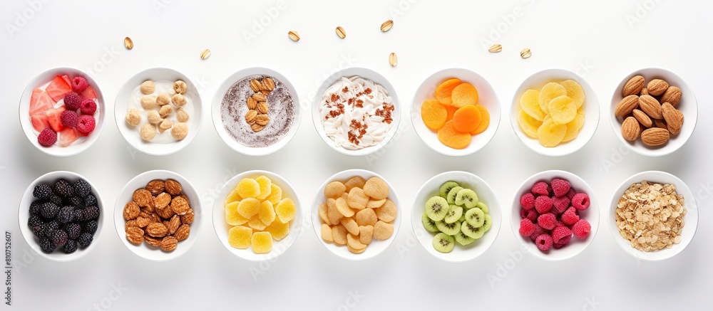 Overhead shot of a selection of cold cereals served in white bowls offering a convenient and quick breakfast for kids with copy space image Overhead shot of a selection of cold cereals served in white bowls offering a convenient and quick breakfast for kids with copy space image