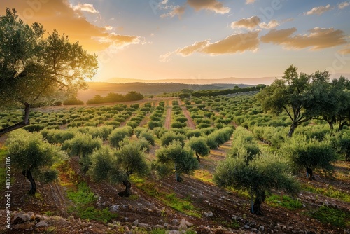 Sun setting in the background of an olive grove with rows of trees in soft light