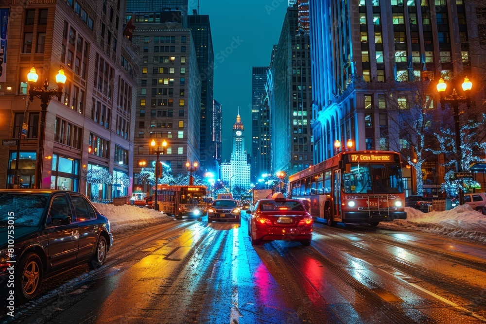 A city street filled with cars and traffic at night, showcasing the bustling urban life and movement of vehicles illuminated by streetlights