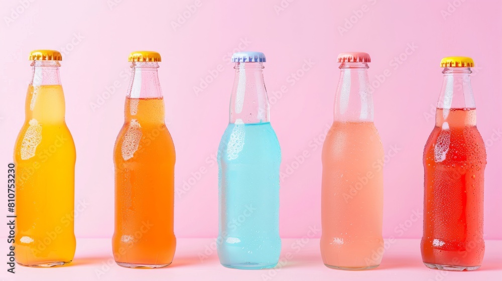 A row of colorful drinks with ice cubes and fruit slices A row of colorful drinks with ice cubes and fruit slices