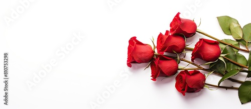 Fototapeta Naklejka Na Ścianę i Meble -  A copy space image of red roses and an envelope with a feather set against a white background