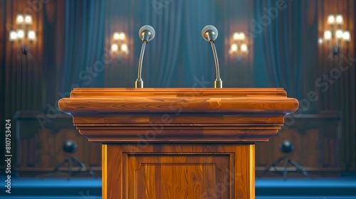 Professional public speaking podium with microphones against a dark courtroom. Classic design, public address system setup. Ideal for debates and speeches. AI