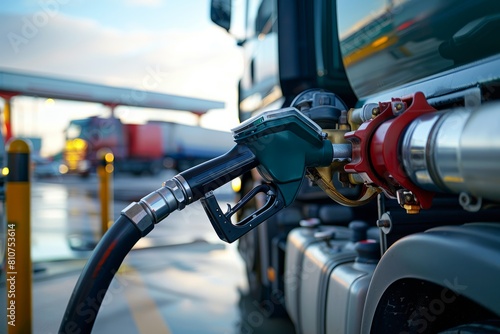 A close-up view of a modern semi trucks fuel tank being filled with diesel at a gas station, with a gas pump in focus and the truck in the background