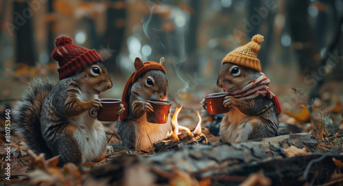 Photo of cute family of squirrels wearing hipster clothes are sitting near the fire in the forest on a sunny summer evening photo