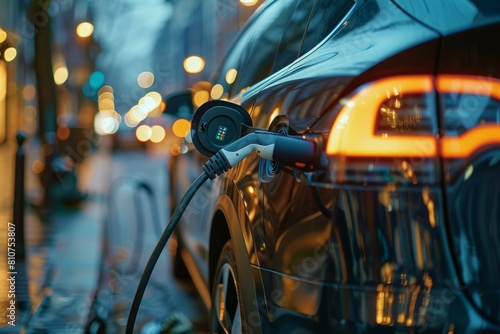 Closeup of an electric vehicle connected to a charging station, showcasing the green mVG connection point