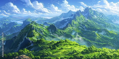 Mountainous ridges with green terrains and blue sky