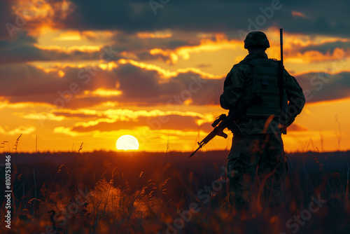 A soldier stands in a field at sunset  holding a rifle. The sky is filled with clouds  and the sun is setting in the distance. Scene is peaceful and serene  as the soldier stands alone in the field