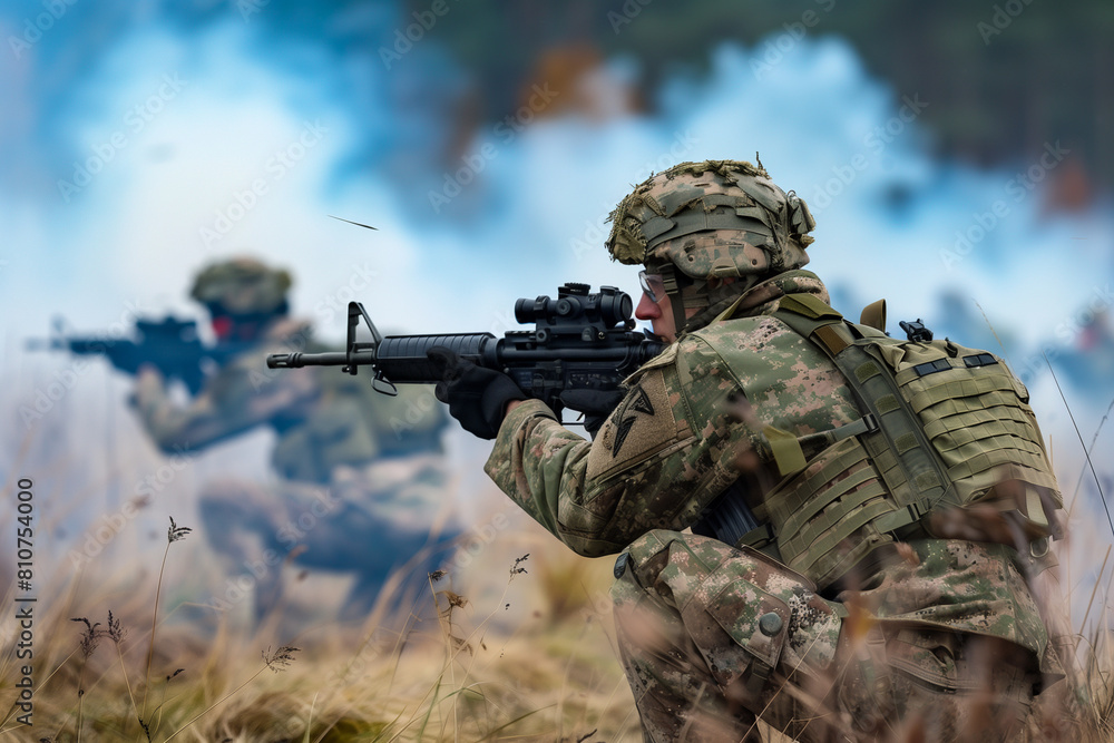 A soldier is holding a rifle and is surrounded by other soldiers. Scene is tense and serious, as the soldiers are in a war zone A soldier is holding a rifle and is surrounded by other soldiers. Scene is tense and serious, as the soldiers are in a war zone