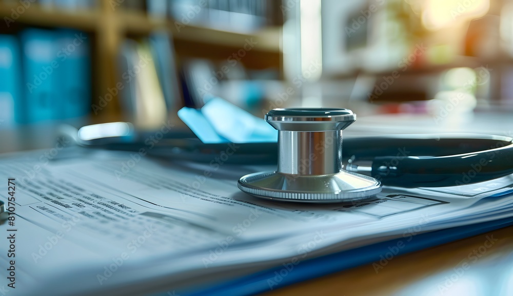 close up of medical documents and stethoscope on desk, blurred background with office space in the background, stock photo style photography, close up of medical documents and stethoscope on desk, blurred background with office space in the background, stock photo style photography,