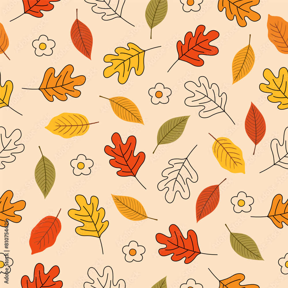 Obraz premium Seamless pattern with autumn Leaves, acorns, pumpkin and oak leaves for wallpaper, gift paper, pattern fills, textile, fall greeting cards.