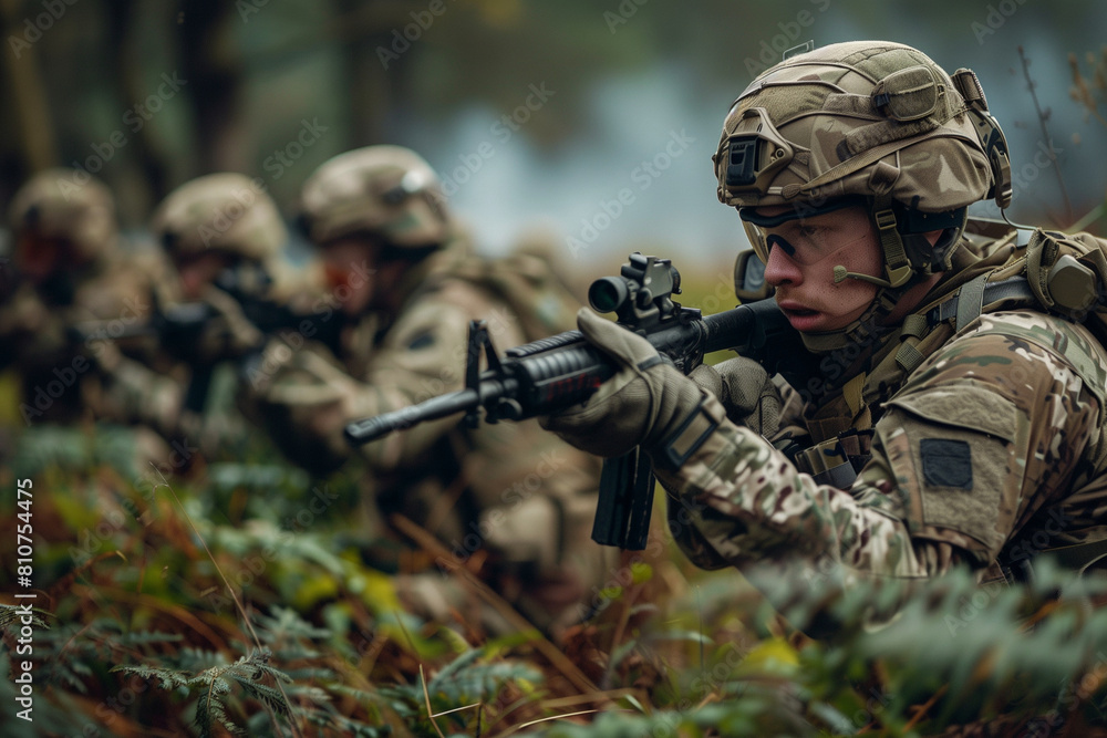 A man in a military uniform is holding a rifle and looking at the camera. Concept of tension and seriousness, as the man is in the midst of a battle or a dangerous situation A man in a military uniform is holding a rifle and looking at the camera. Concept of tension and seriousness, as the man is in the midst of a battle or a dangerous situation