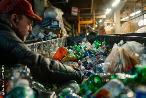 A man is sorting plastic bottles in a warehouse, disposing them into an overflowing recycling bin photo