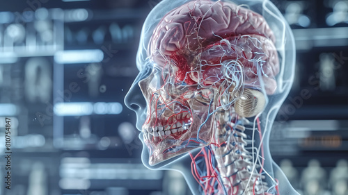 Digital rendering of a human head with a detailed anatomical visualization of the brain, showcasing the intricate network of nerves and blood vessels. 