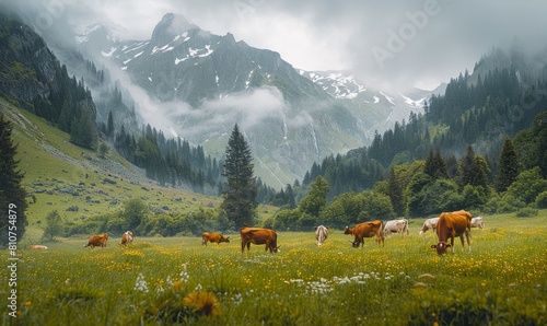 Milk cows grazing in wild grass fields in the mountains. Bad Gastein, Austria photo