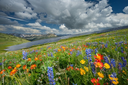 A vibrant field filled with wildflowers, with a solar panel array subtly integrated into the scenery