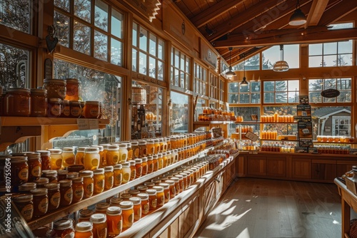 A store display area brimming with rows of honey jars from local producers © Ilia Nesolenyi