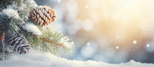 A wintry Christmas themed image with a snow covered pine branch illuminated by sun rays against a bokeh light background Copy space for your own creative additions