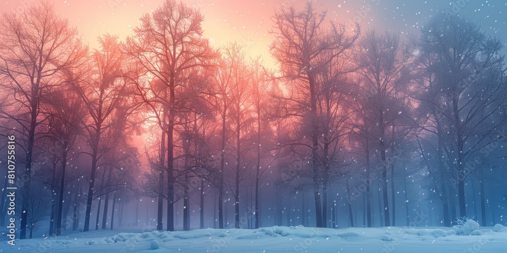 Winter Trees Silhouetted in Pink and Blue Mist. Atmospheric, Snow covered Woodland scene. Winter Trees Silhouetted in Pink and Blue Mist. Atmospheric, Snow covered Woodland scene.
