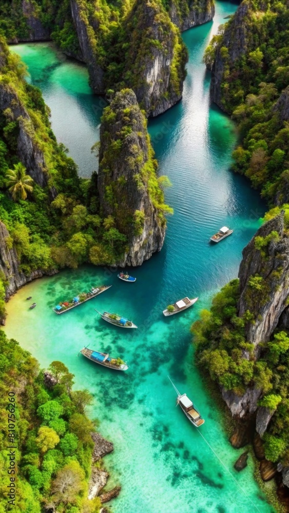 Aerial view of the iconic mangroves and turquoise lagoons in El Nido, Palawan Island with small boats around it.