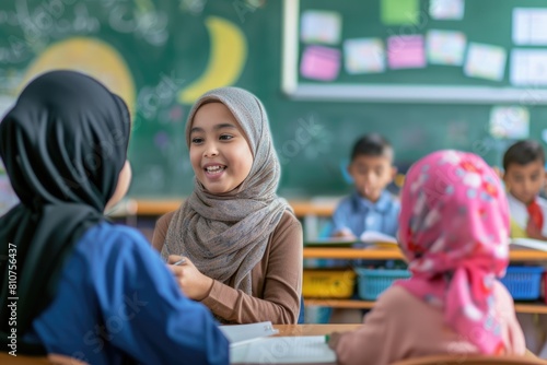 Young girl wearing a headscarf smiling in a classroom Fictional Character Created By Generative AI.  photo