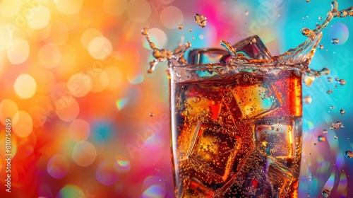 A dynamic image of a glass of cola with ice cubes splashing out against a vibrant, colorful background © Manzoor