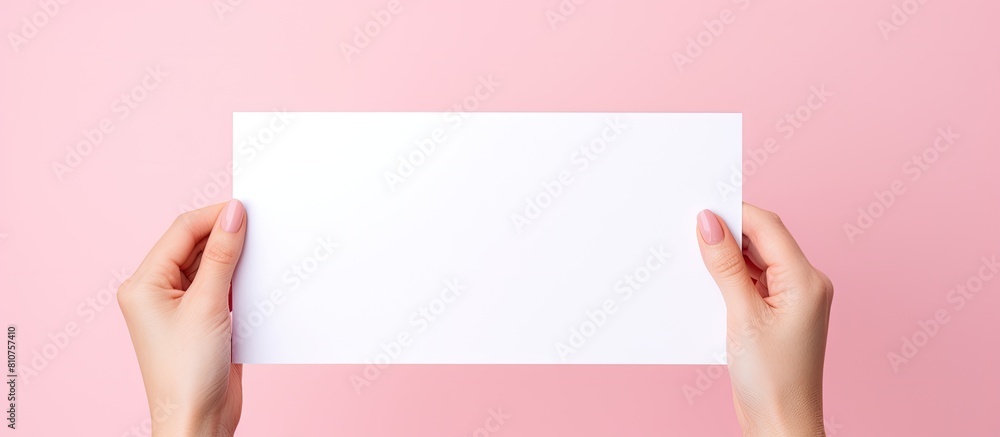 A close up image of a woman holding a pink blank paper against a white background The image offers ample free space and a ready to use area for inserting a text banner
