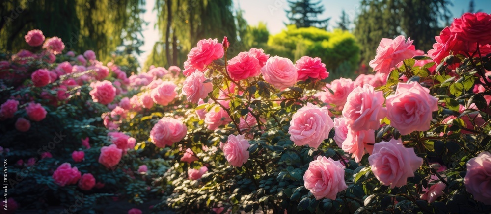 A garden filled with blooming roses offering ample space for text or copy space image A garden filled with blooming roses offering ample space for text or copy space image