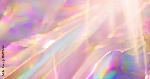 Abstract, wallpaper and holographic light or prism with rainbow glow, sparkle or crystal. Background, reflection and iridescent pattern with gems bokeh for shine jewels, geometric or kaleidoscope