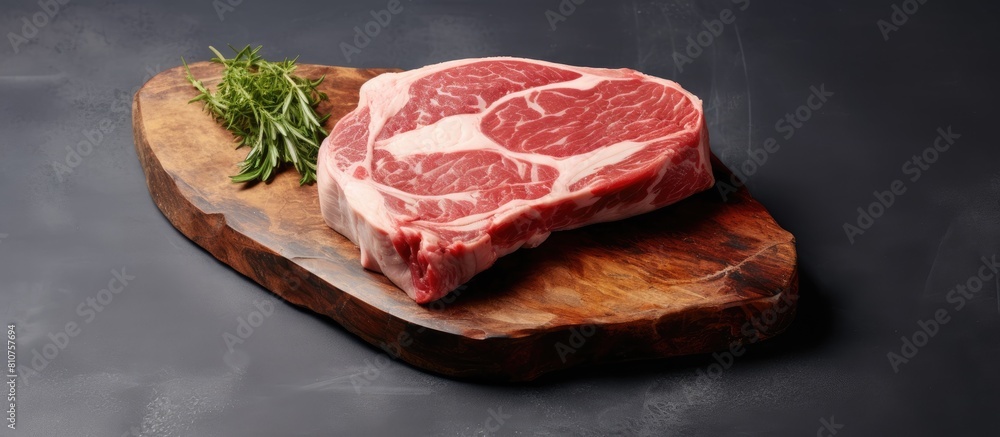 A top down view of a marbled pork steak resting on a chopping board with a neutral gray backdrop providing ample space for additional imagery or text A top down view of a marbled pork steak resting on a chopping board with a neutral gray backdrop providing ample space for additional imagery or text