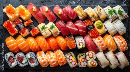 Big set of fresh japanese sushi on slate.