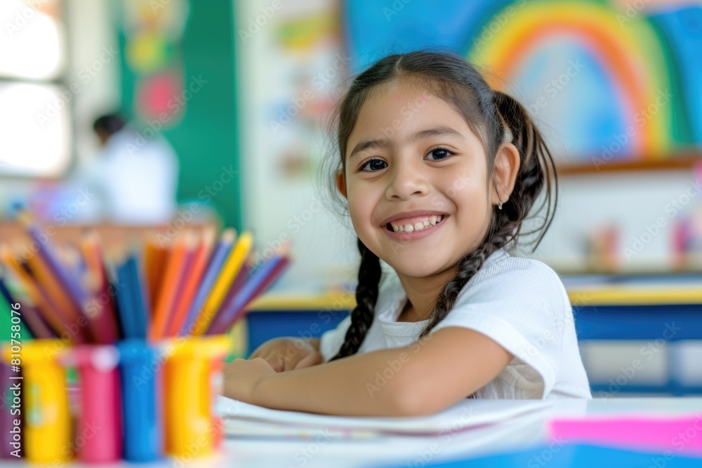 Smiling little girl in a classroom with a big smile on her face Fictional Character Created By Generative AI. Smiling little girl in a classroom with a big smile on her face Fictional Character Created By Generative AI.