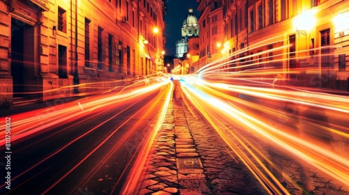 A motion blurred street at night  with light streaks and cars driving fast  