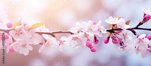 Beautiful floral spring background of nature with branches of blooming cherry tree flowers perfect for Easter and spring greeting cards Includes copy space image