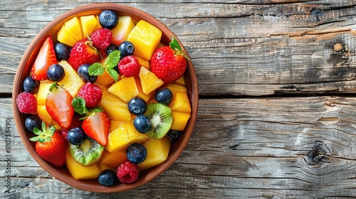 A bowl of fresh fruit salad with blueberry, kiwi, mango, strawberry, raspberry filling and mint leaf garnish. healthy salad with wooden background. Top view. photo