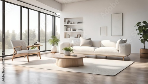 Modern living room interior with sofa  coffee table and plants. AI generated