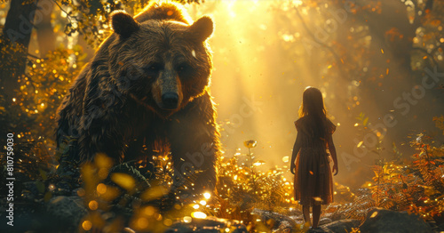 The girl and the bear are walking towards each other