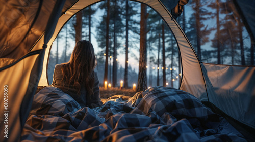 Young woman in a tent in a forest on vacation.Vacation in nature. Camping holidays photo