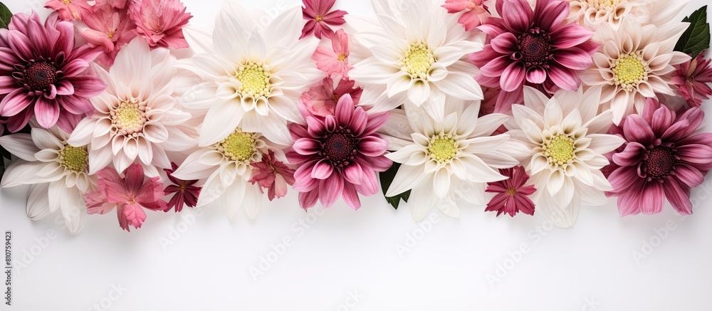 The image shows a floral arrangement with white and pink flowers on a white background It is a top down view with empty space for text This is a mockup. Creative banner. Copyspace image The image shows a floral arrangement with white and pink flowers on a white background It is a top down view with empty space for text This is a mockup. Creative banner. Copyspace image