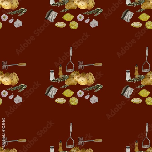 Potato mashers lemon a watercolor red pattern 