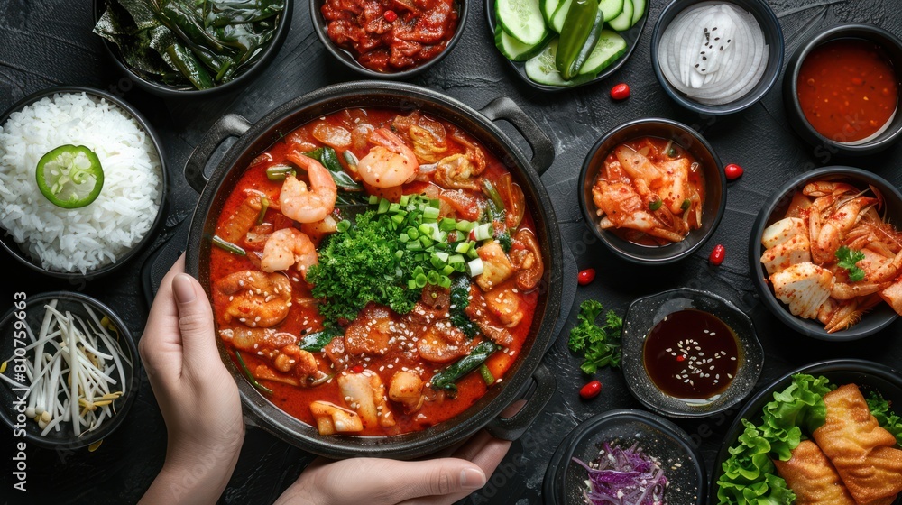 Traditional Korean food, spicy kimchi soup, with lots of condiments such as rice, seaweed, marinated fresh raw crab, spicy rice cakes, cucumber, sprouts and pickled kimchi. top view.