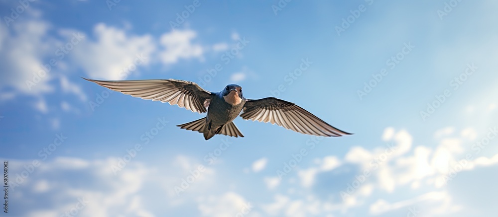 Fototapeta premium A Rough winged swallow is seen flying to the right in a blue sky with copy space on the right