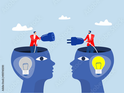 Brainstorming concept,Two Businessman connects the light that is extinguished in the brain to the power supply Creative and Smart Connection vector