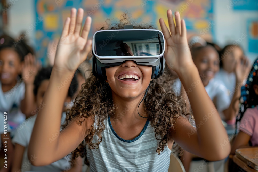 Children in a futuristic classroom, excitedly exploring technology together with goggles, under the teacher's guidance Children in a futuristic classroom, excitedly exploring technology together with goggles, under the teacher's guidance