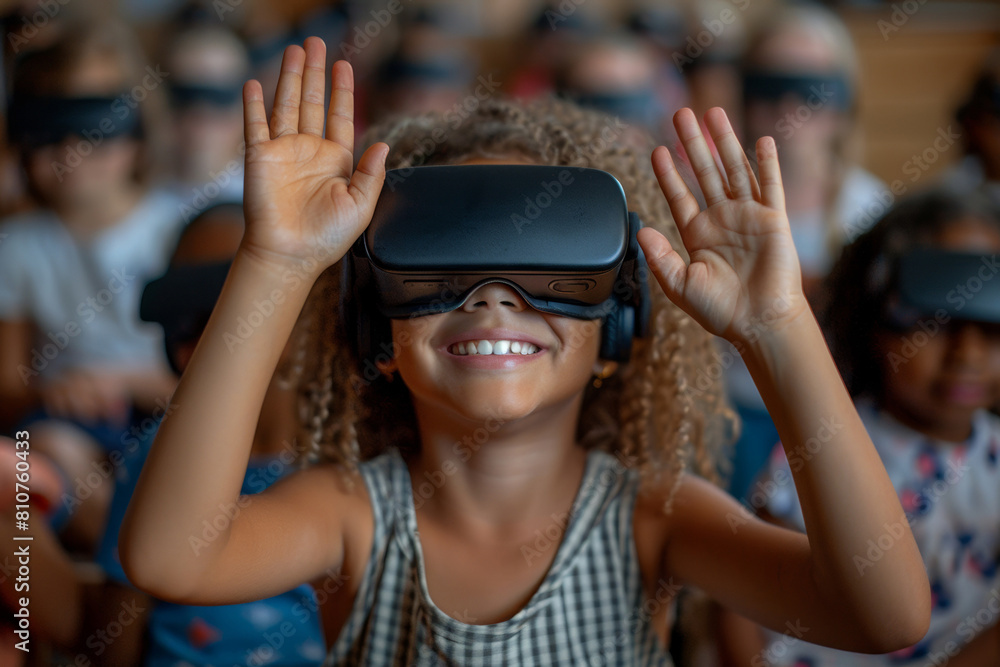 Children excitedly study using virtual reality technology, wearing glasses in a digitally immersive classroom Children excitedly study using virtual reality technology, wearing glasses in a digitally immersive classroom