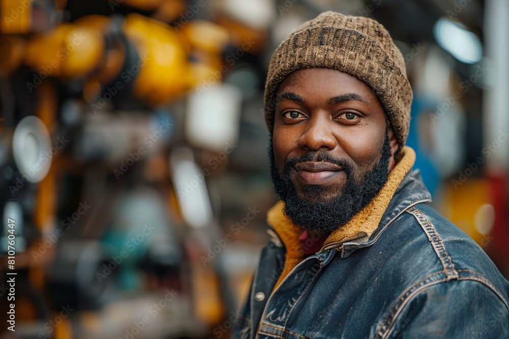 A confident, smiling engineer, wearing a hat, stands in a workshop, exuding professionalism and expertise A confident, smiling engineer, wearing a hat, stands in a workshop, exuding professionalism and expertise