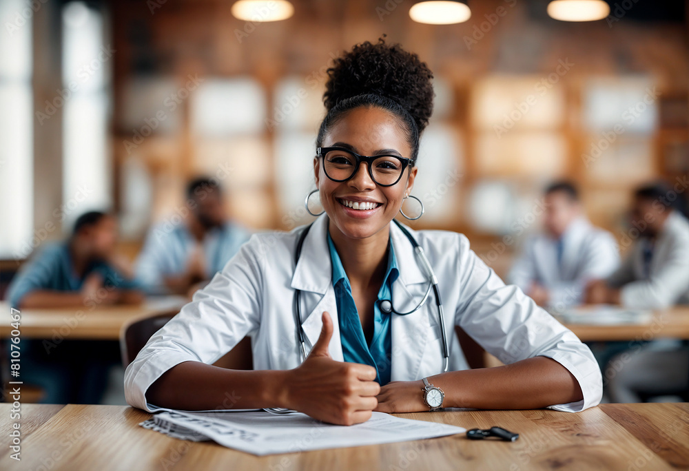 AI generated illustration of a smiling dark-skinned doctor in a white coat and glasses AI generated illustration of a smiling dark-skinned doctor in a white coat and glasses