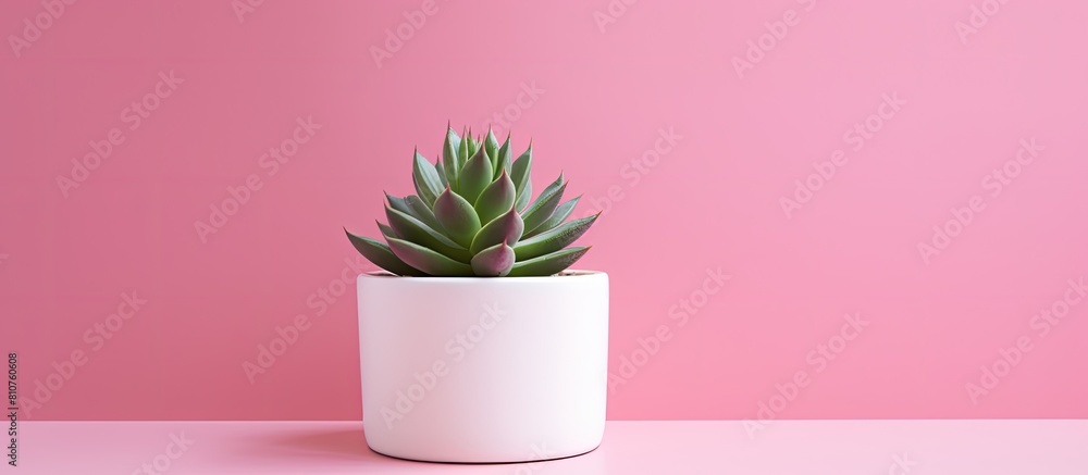 A small succulent plant is showcased in a white pot against a pink background creating a design concept with copy space for visuals A small succulent plant is showcased in a white pot against a pink background creating a design concept with copy space for visuals