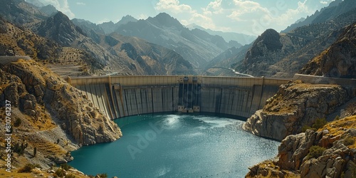 A dam nestled between mountainous terrain with a reservoir displaying low water levels indicative of drought conditions photo