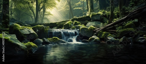A serene forest scene with a small waterfall cascading gently with a perfect copy space image